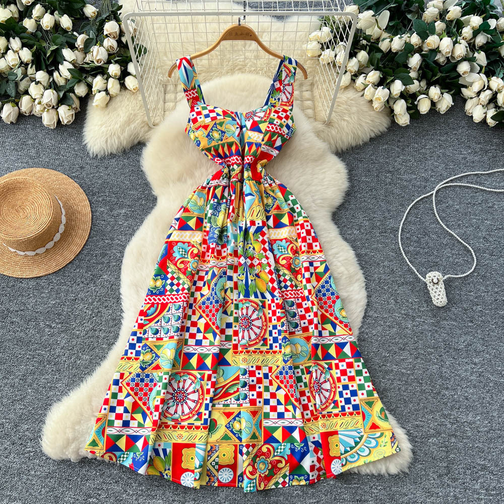 European and american fashion niche positioning printed camisole dress - women's  autumn high-end slimming long dress