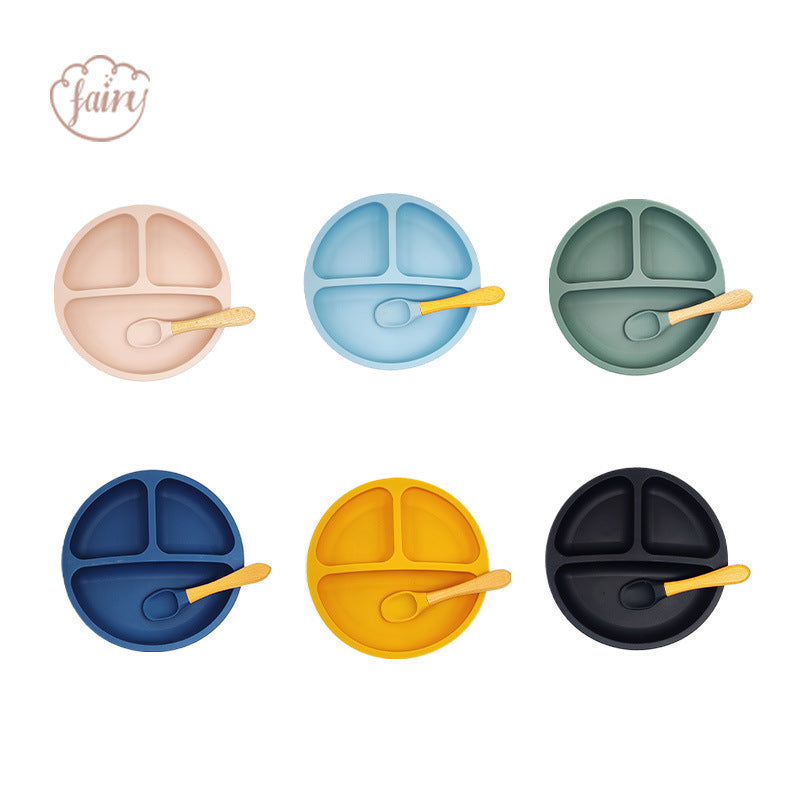 Cross-border Baby Silicone Plate Silicone Children's Grid Plate Integrated Supplementary Food Children's Tableware Set