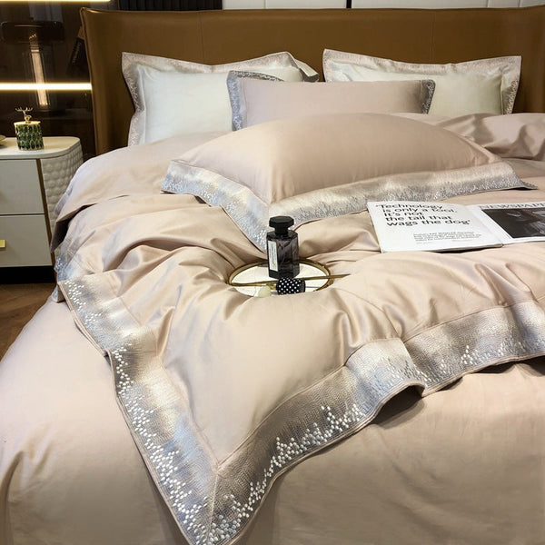 Modern minimalist light luxury Xinjiang long-staple cotton four-piece set of high-end pure cotton satin embroidery bedding Home Textiles T