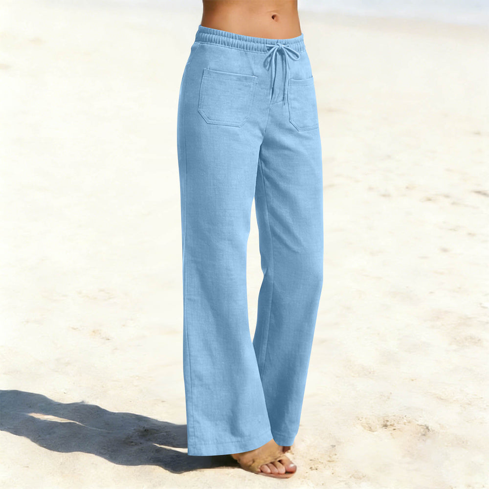 european and american cross-border women's linen-look fashion casual loose comfort solid color straight-leg pants with pockets wide-leg trousers