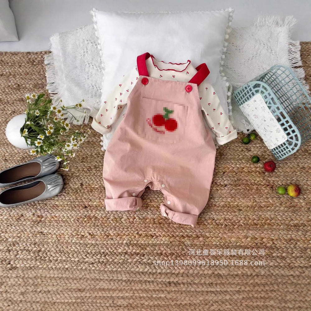 Autumn cherry two-piece overalls set - girls' outfit, new cartoon style, korean fashion, cute baby