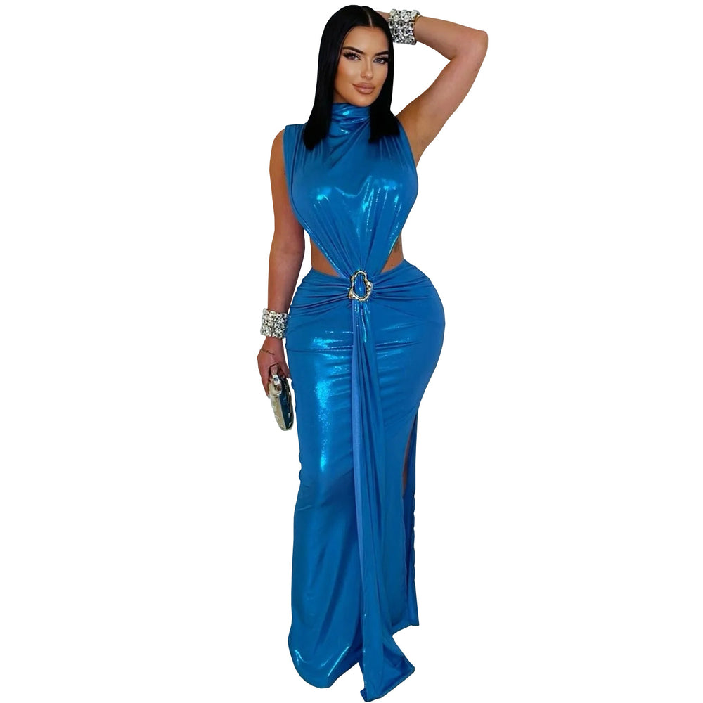 C7476 cross-border   fashion women's sexy elegant high neck sleeveless slit dress
