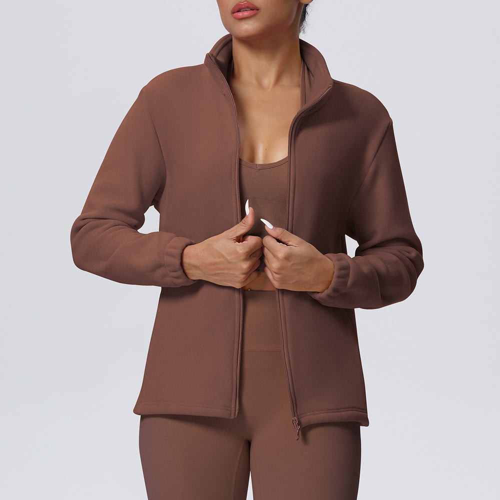 New women's solid color fleece-lined pocket stand collar zip-up casual sports jacket for running, fitness, and yoga