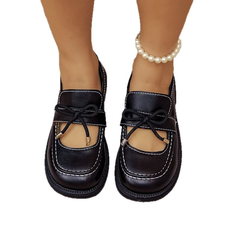 Plus size british style leather loafers - new spring/autumn work shoes for women - versatile black bowknot hollow-out loafers