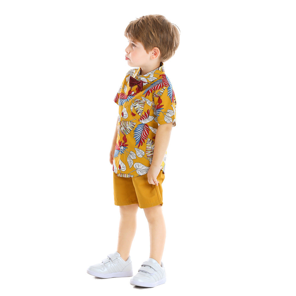 European and american summer new boys' bow tie floral cotton short-sleeve and shorts set - children's clothing cross-border baby set