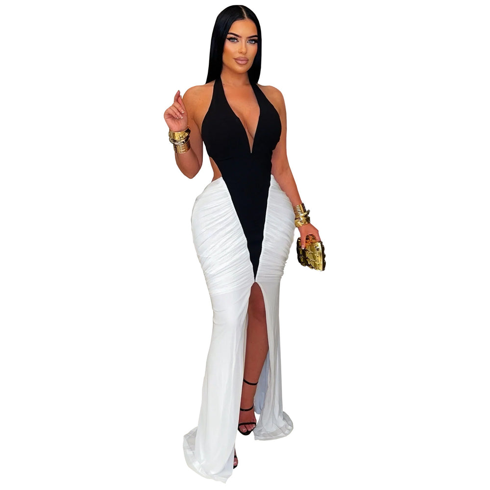 C7573 cross-border   fashion women's sexy v-neck sleeveless slit backless dress