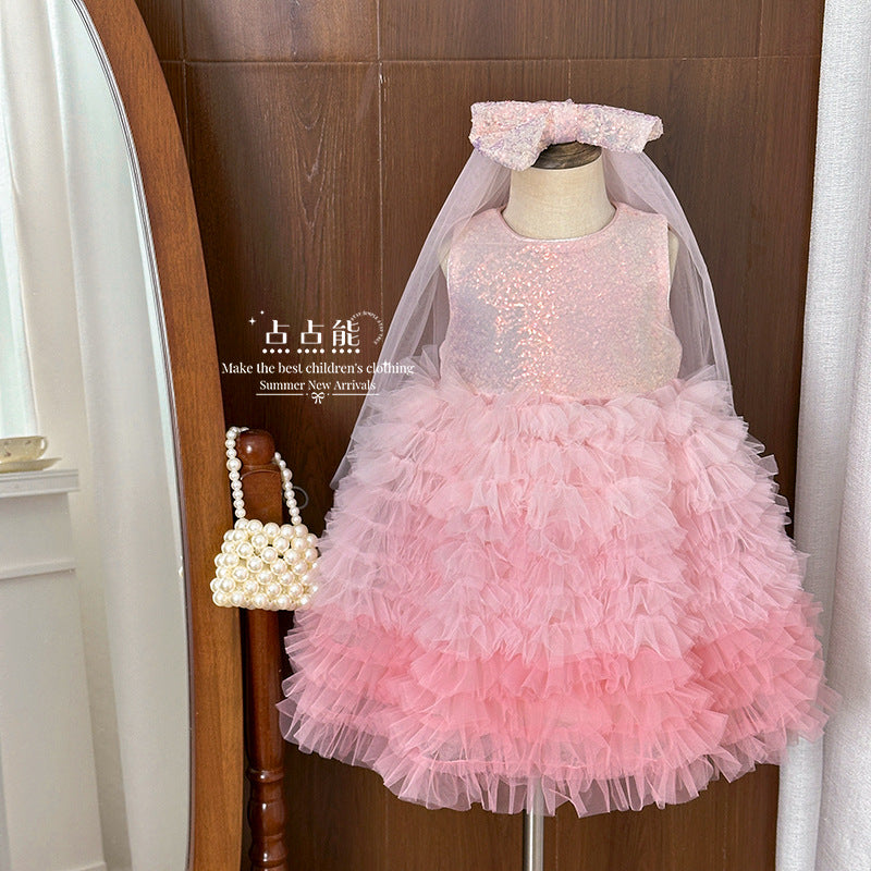 summer girls' gradient soft tulle skirt sequin dress princess chic lace cake skirt wholesale