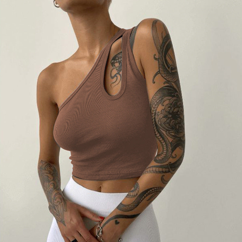 Slant shoulder slim-fitting short open-button Spice Girls small vest for women 2025 summer European and American  new hollow sleeveless top