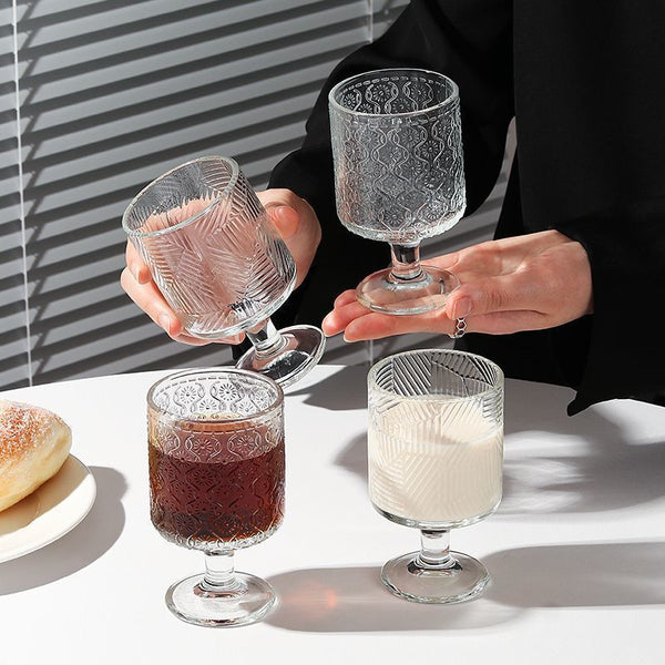 Retro ins wind sunflower relief glass high value wine glass design drink juice high foot water cup