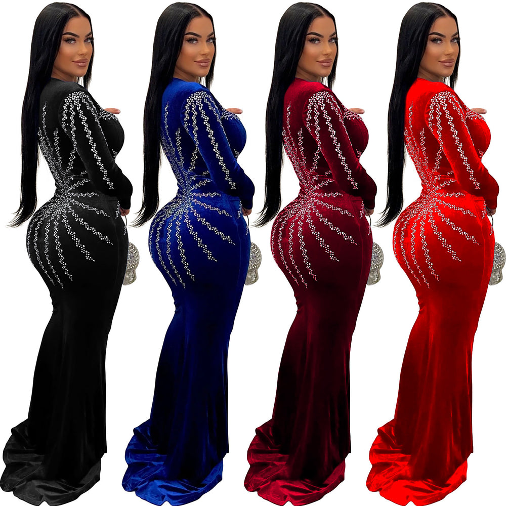 C6827 cross-border   fashion women's solid color sexy rhinestone long sleeve maxi dress