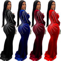 C6827 cross-border   fashion women's solid color sexy rhinestone long sleeve maxi dress