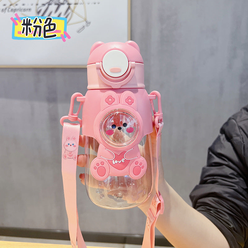 Summer fun kids' plastic straw water bottle - new cute, high-value design for elementary school students, boys and girls - portable cartoon cup