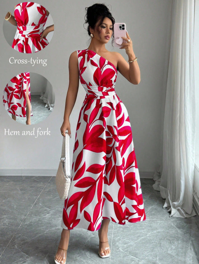 new european and american style cross-border fashion printed pleated elegant long dress