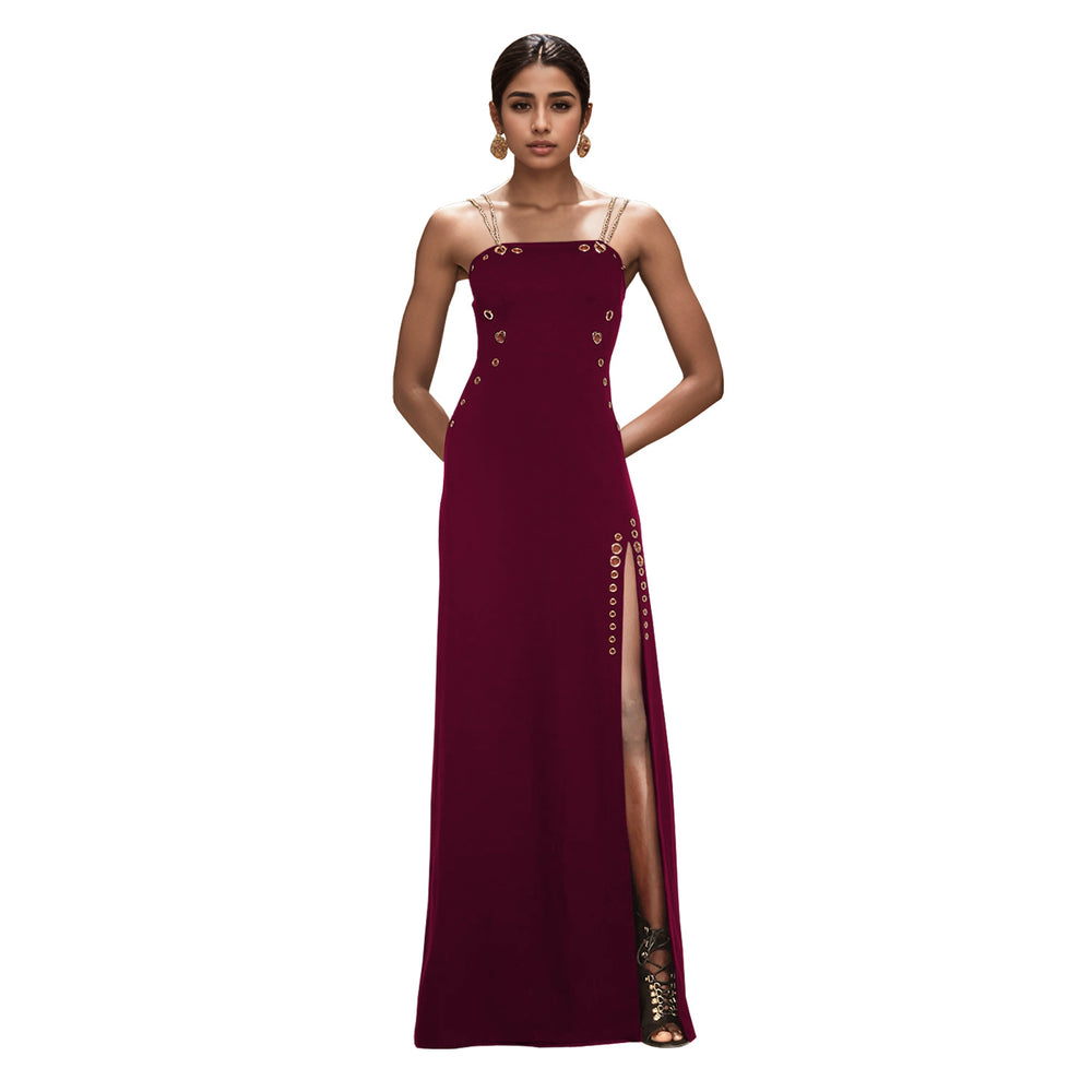 C7522 cross-border   fashion women's elegant gold chain sexy spaghetti strap slit dress