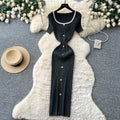 French hepburn style burgundy knittingdress women's summerk-style single-breasted silmelegant long skirt work clothing