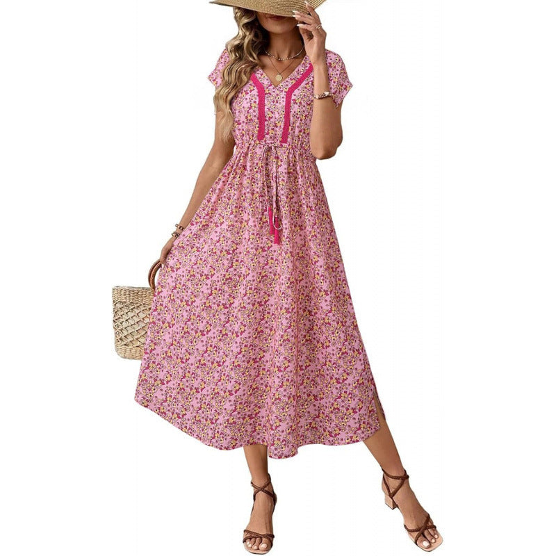Amazon chic floral dress - women's  summer new arrival: loose a-line casual v-neck beach dress