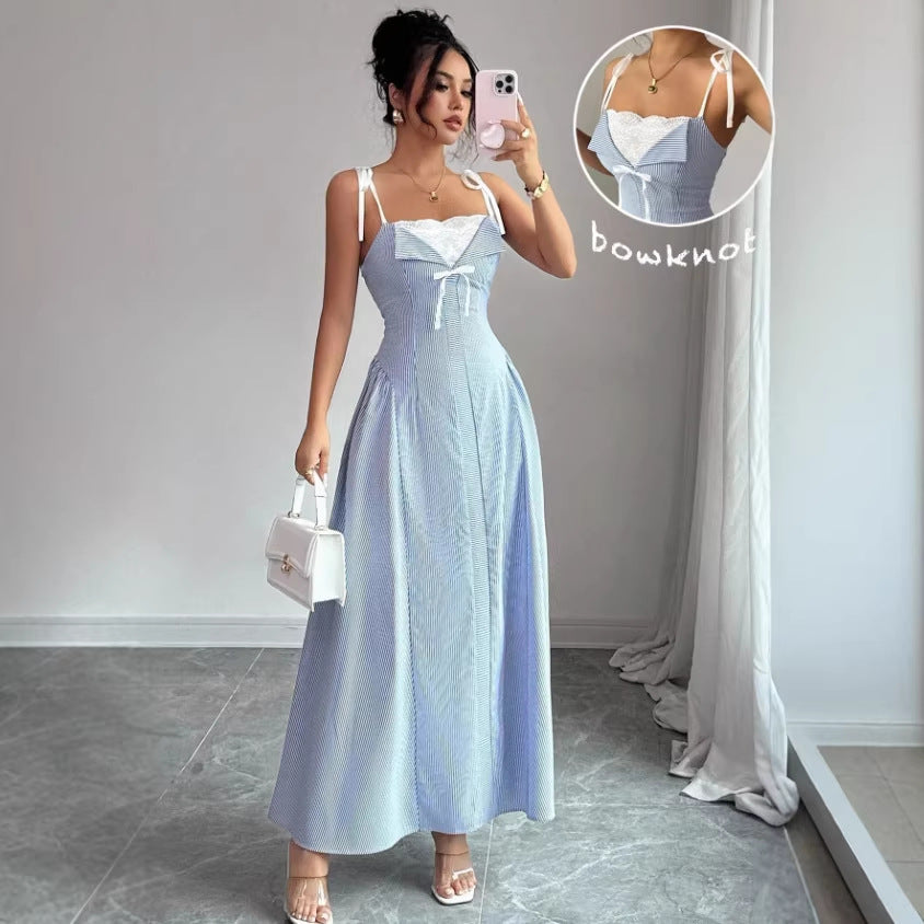 high-end, atmospheric summer dress: lace-trimmed, two-piece look, spaghetti strap maxi dress for women