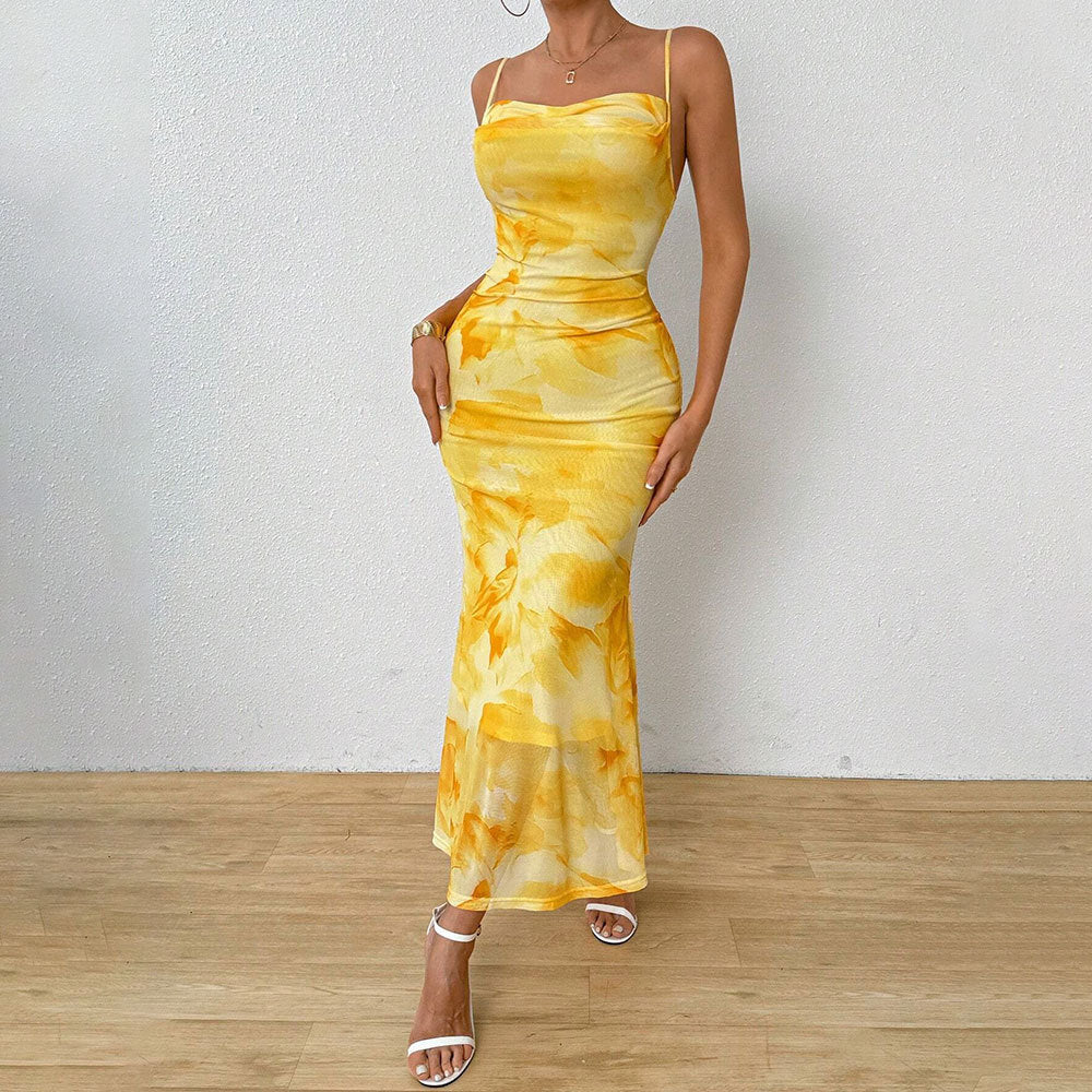 european and american  sexy bodycon camisole bandeau maxi dress - floral grey print high-waisted bodycon dress