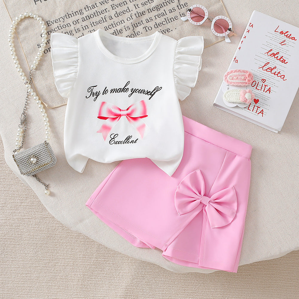 Girls' summer shorts set: flutter sleeve white top & pink bow shorts - perfect for outdoor adventures!