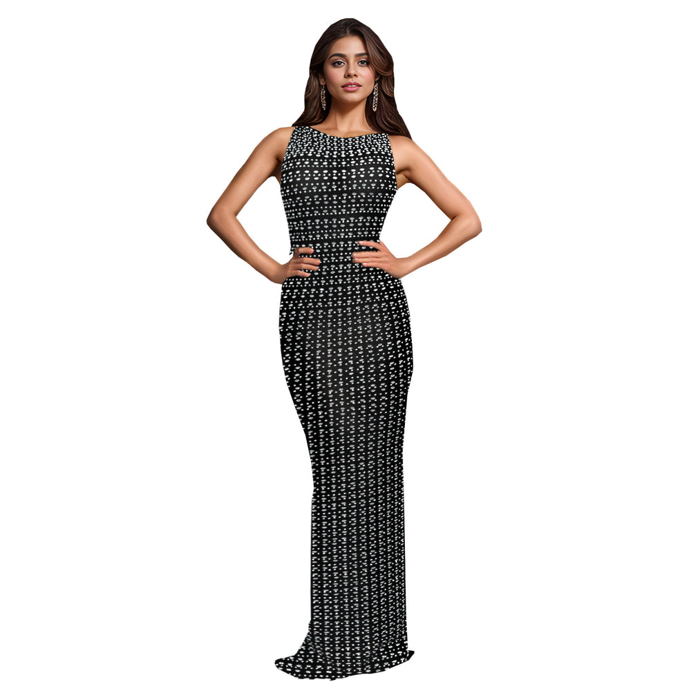 C7185 cross-border   fashionable women's bodycon dress with rhinestone detailing, sleeveless design, and back slit - new arrival