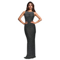 C7185 cross-border   fashionable women's bodycon dress with rhinestone detailing, sleeveless design, and back slit - new arrival
