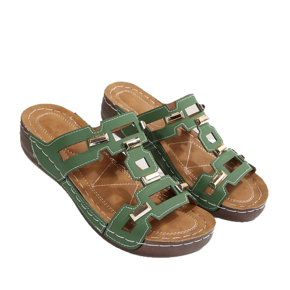 metal buckle wedge heel slippers  summernew arrivalplatform shoesplus sizethick sole one-line sandals women's wholesale