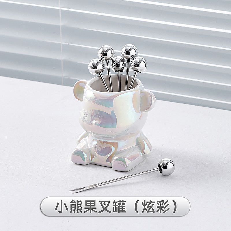 Simple ins style bear stainless steel fruit fork set fruit pick household high-looking ceramic fruit fork jar wholesale