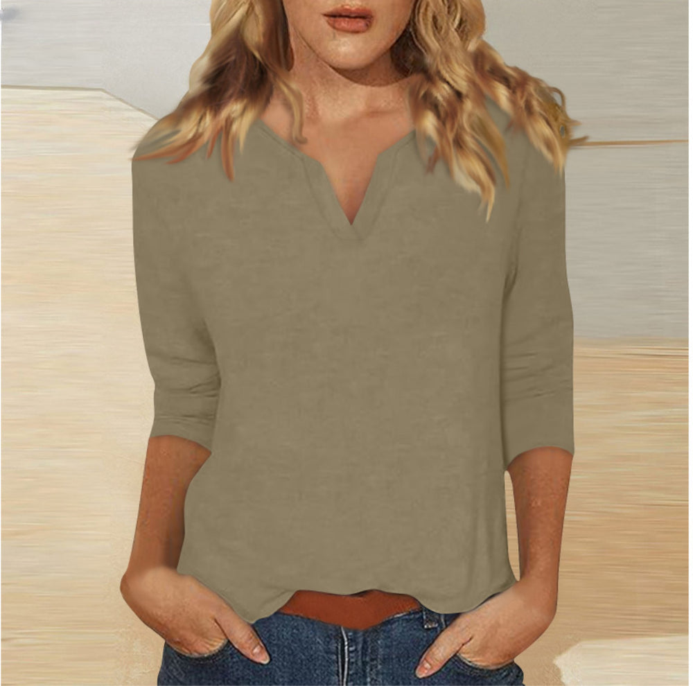 cross-border women's v-neck 3/4 sleeve solid color t-shirt top