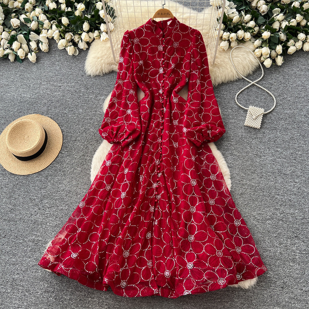 French romantic stand collar lantern sleeve lace dress - women's slimming a-line maxi dress with elegant mesh detail