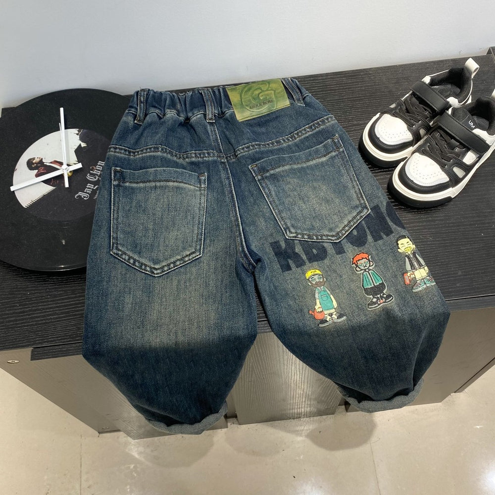 Boys' spring denim jeans - kids' pants - cartoon design - mid-to-large size - stylish spring streetwear pants for boys - long pants