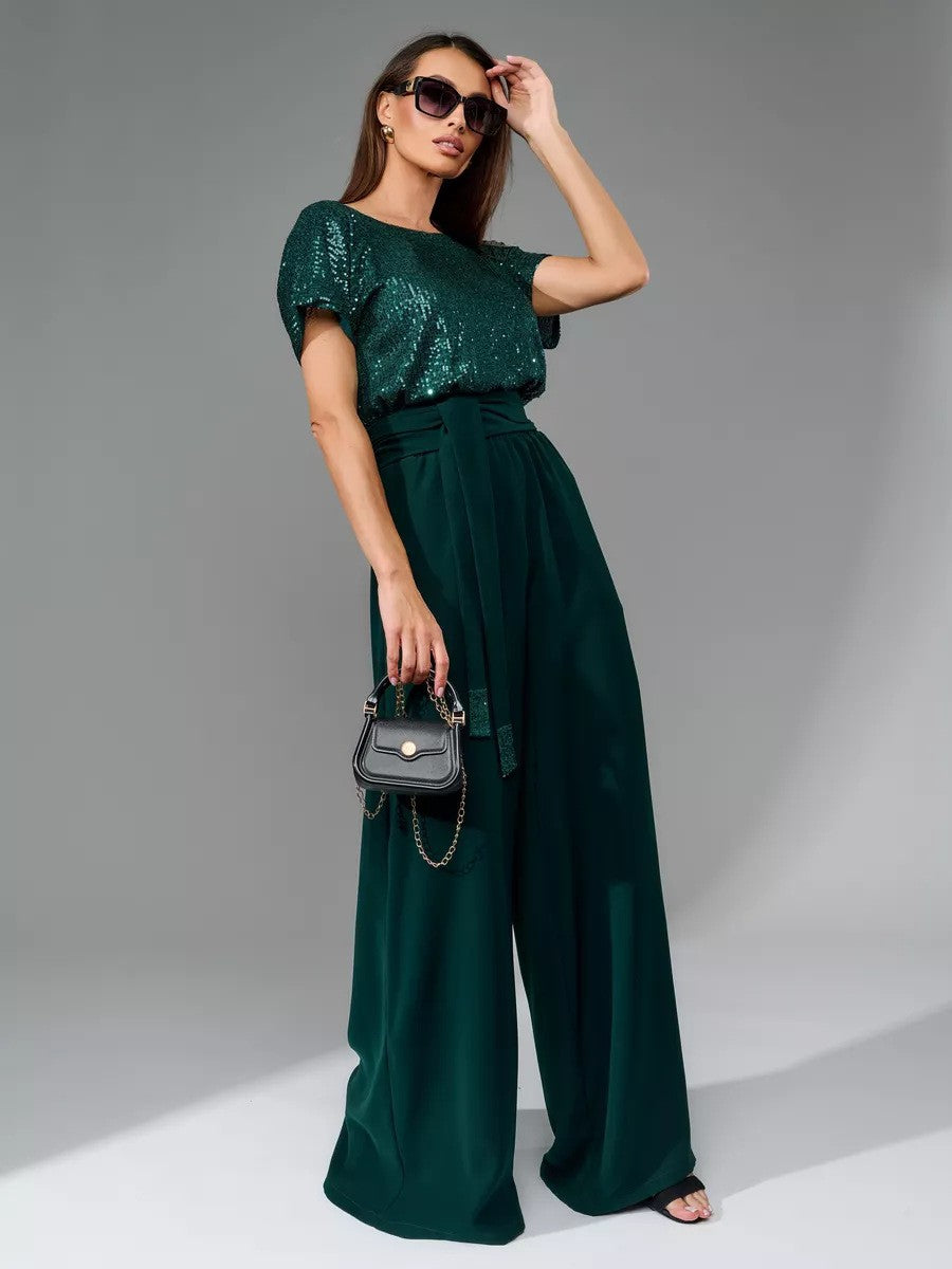 spring new arrival: cross-border  fashion - european & american style sequin bodysuit, trendy short-sleeve casual jumpsuit/pants