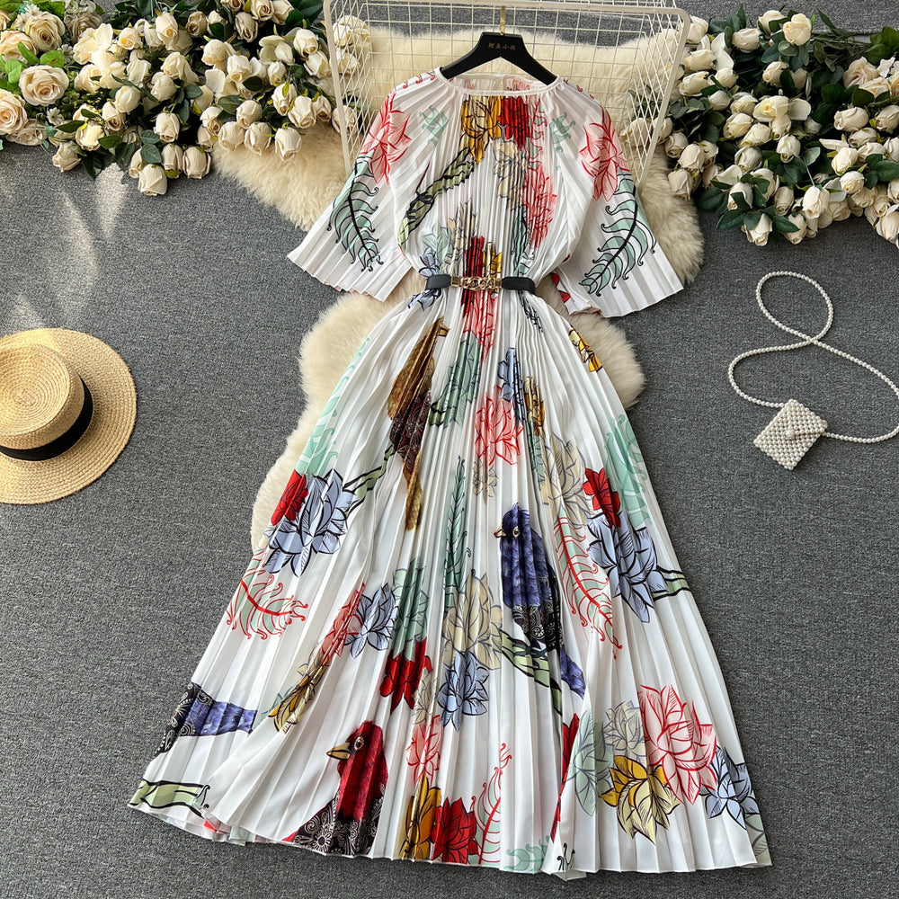 European and american retro court style design printed long dress with heavy pleating, puff sleeves, and pleated skirt - spring collection for women