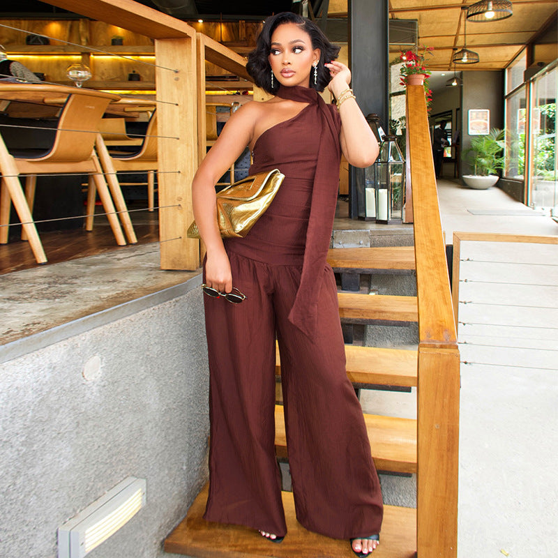 European and american women's clothing  autumn new collection: sweet and fresh tie-up one-shoulder halter high-waisted wide-leg jumpsuit pants