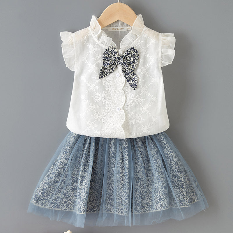 European and american cross-border summer new girls' sleeveless bow shirt and leopard print mesh skirt two-piece set children's clothing
