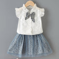 European and american cross-border summer new girls' sleeveless bow shirt and leopard print mesh skirt two-piece set children's clothing