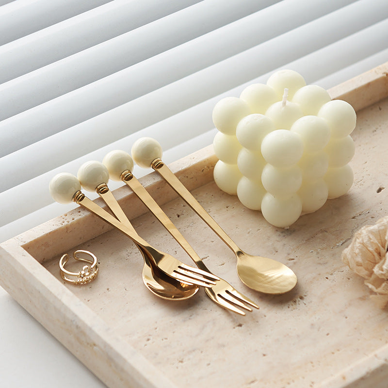 Simple macaron glazed ceramic handle fruit fork creative stainless steel fork spoon high-value home dessert spoon