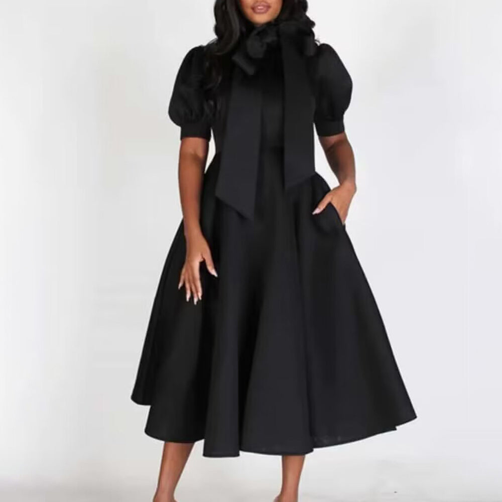 fashion  spring and summer elegant puff sleeves pure color sense of design waist tie back long skirt exportdress