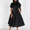 fashion  spring and summer elegant puff sleeves pure color sense of design waist tie back long skirt exportdress