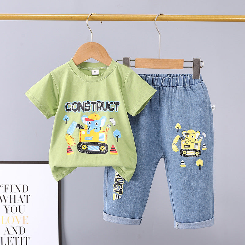 New boys' casual summer outfit set: cartoon elephant excavator print, 100% cotton short-sleeve tee + denim jeans - wholesale