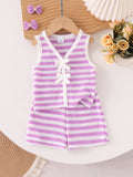 Girls' striped knit two-piece set: v-neck sleeveless tank top and loose-fit shorts - summer casual outfit