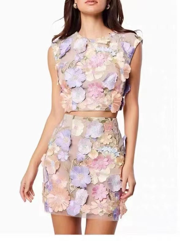 Spring  women's skirt set: high-end embroidered crochet sleeveless cropped top and bodycon midi skirt two-piece outfit
