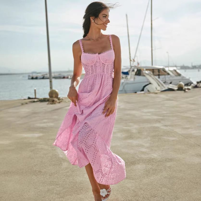 spring/summer new arrival: v-neck camisole dress with a-line silhouette, embroidered floral cutouts, and cinched waist – a slim-fit, cross-border style maxi dress