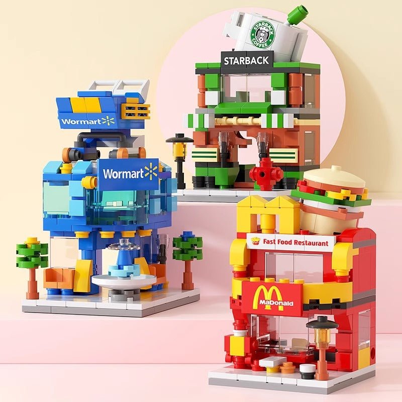 Street view city building blocks mini fast food beverage commercial street compatible with lego boys and girls educational assemble toy gift