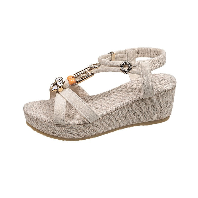 Women's beaded wedge sandals for export to europe and the us - new bohemian thick-soled platform roman sandals for summer