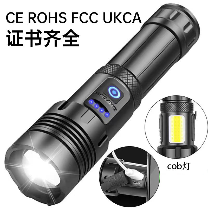 Cross-border explosive white laser with side light COB strong light flashlight zoom with output outdoor multi-function flashlight
