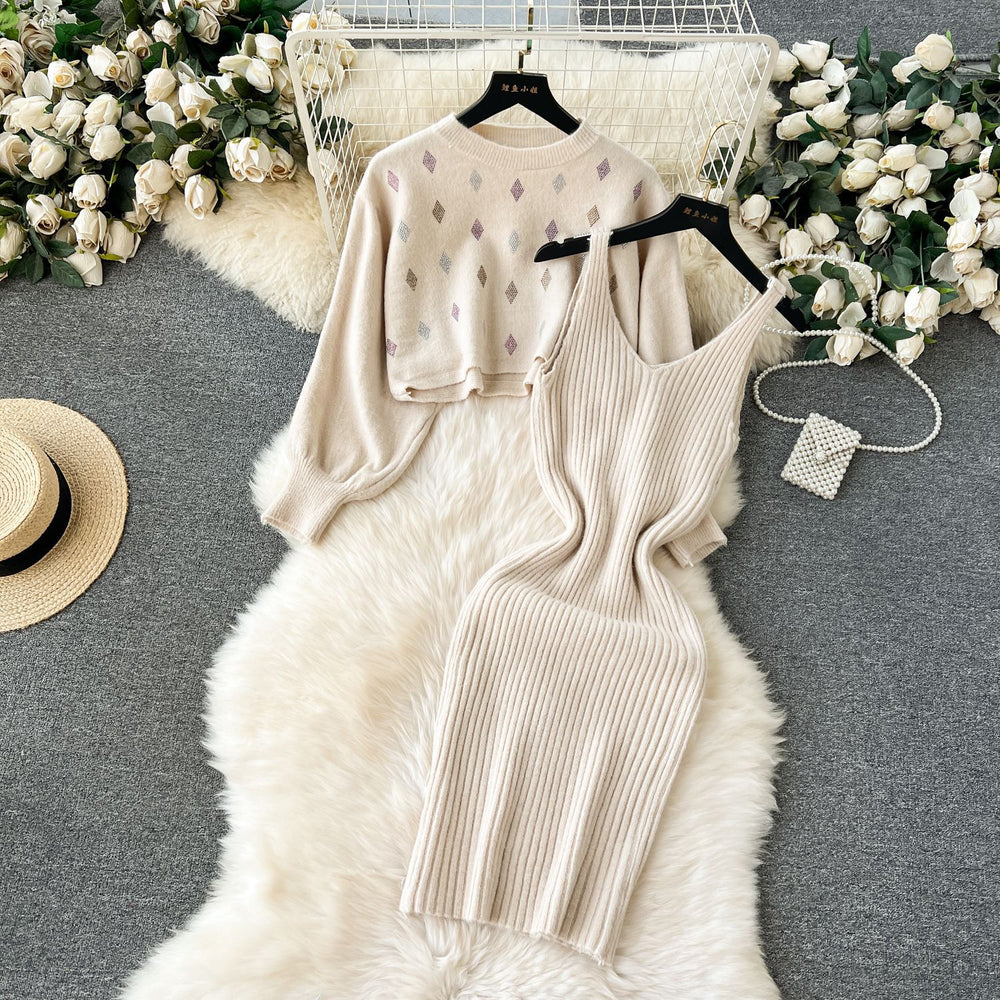 Women's winter sweater set: short sleeve cardigan & versatile cami dress two-piece outfit