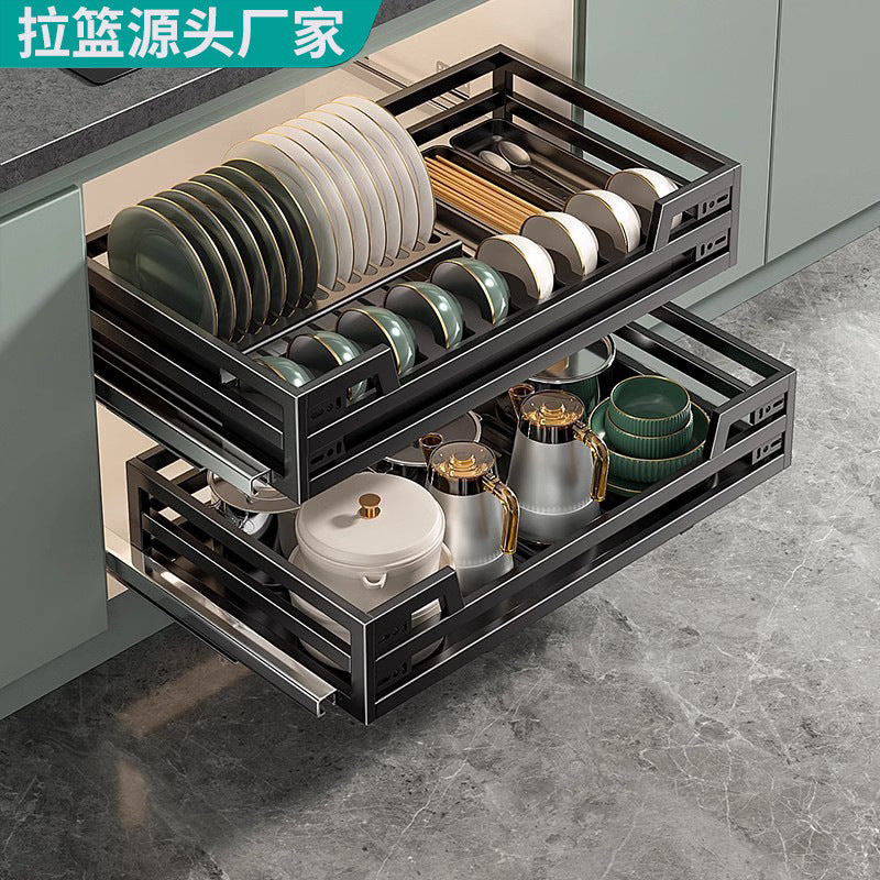 Source Manufacturer Pull Basket Kitchen Cabinet 304 Stainless Steel Double Drawer Bowl Rack Storage Dish Rack Cabinet Bowl Basket