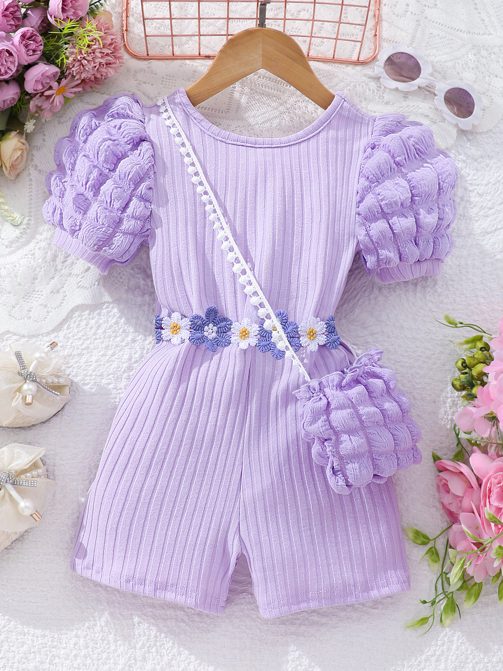 Kids' bubble sleeve ribbed romper with criss-cross back and matching bag
