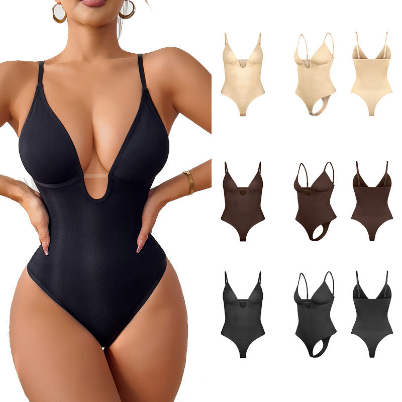 Spot  hot-selling explosion deep V-neck sexy waist plastic waist open T-shaped onesie women