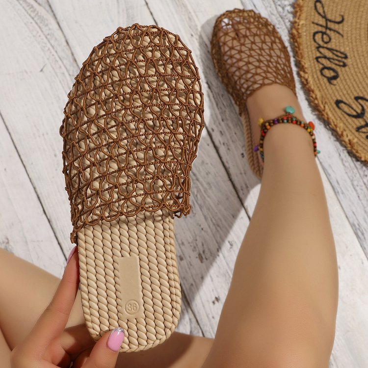 Exportplus sizesummernew arrival woven fishnet baotou half slippers women's outwearcut out mesh breathable flats sandals